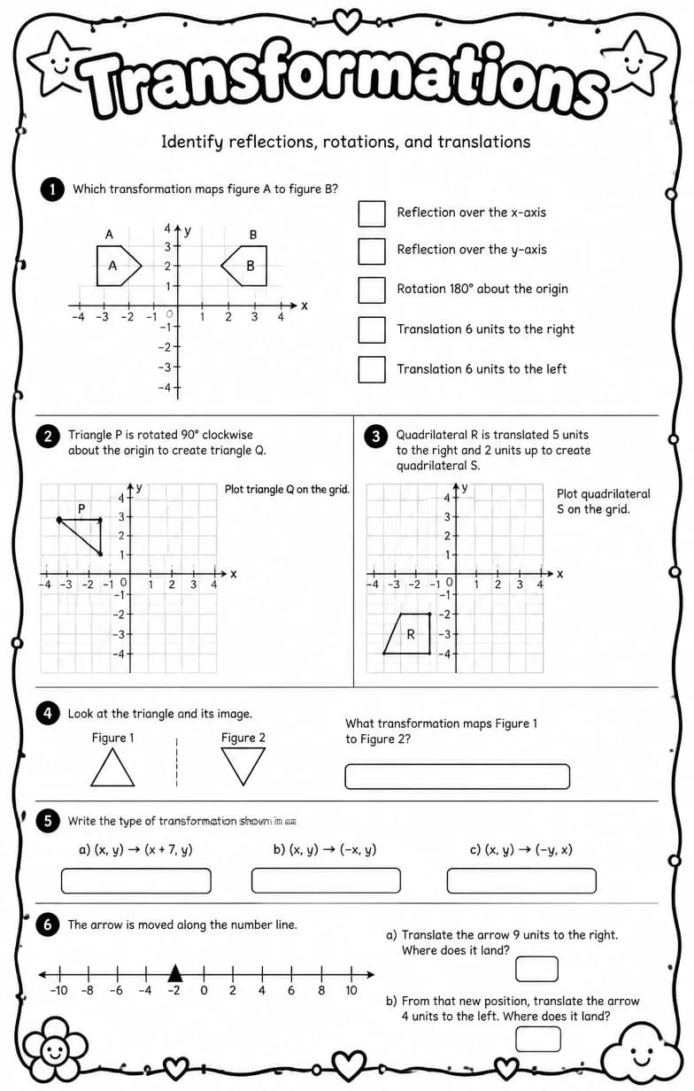 Identify reflections, rotations, and translations — free printable Grade 7 math worksheet