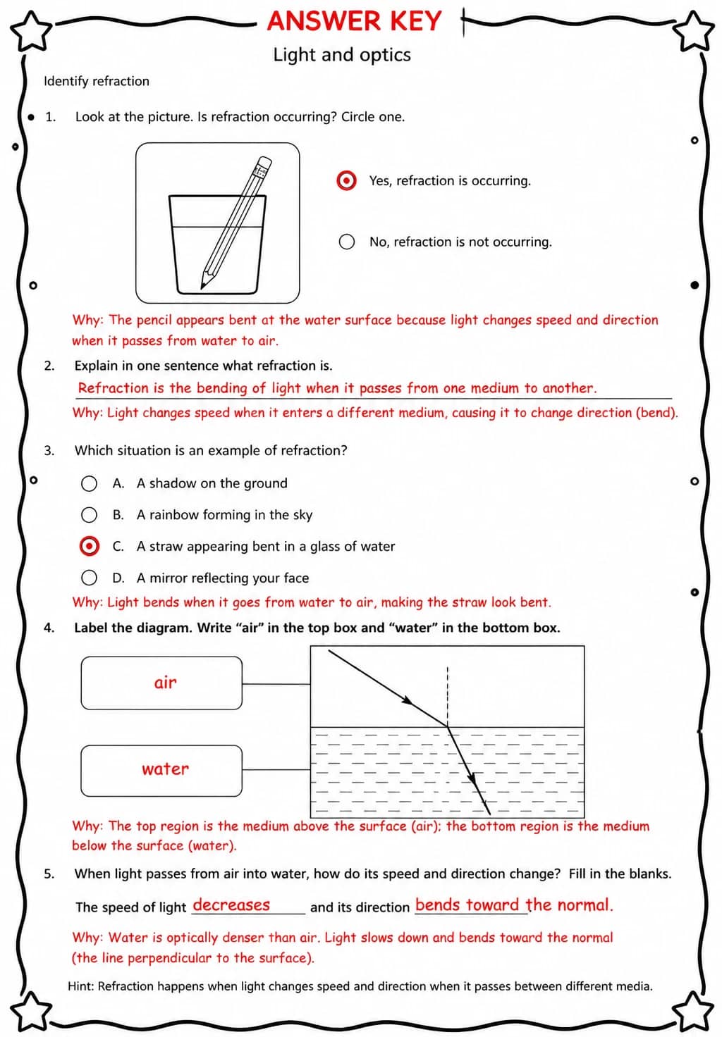 Answer key for Identify refraction — free printable Science worksheet