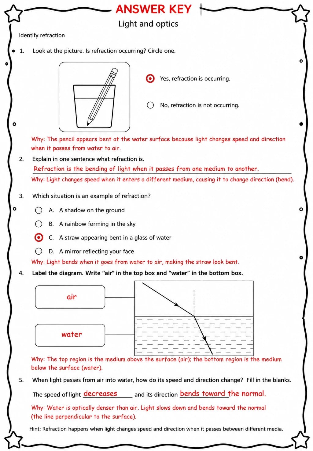 Answer key for Identify refraction — free printable Science worksheet
