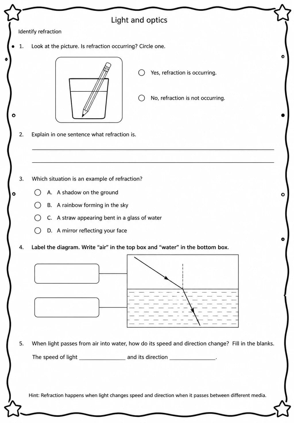 Identify refraction — free printable High School Science worksheet