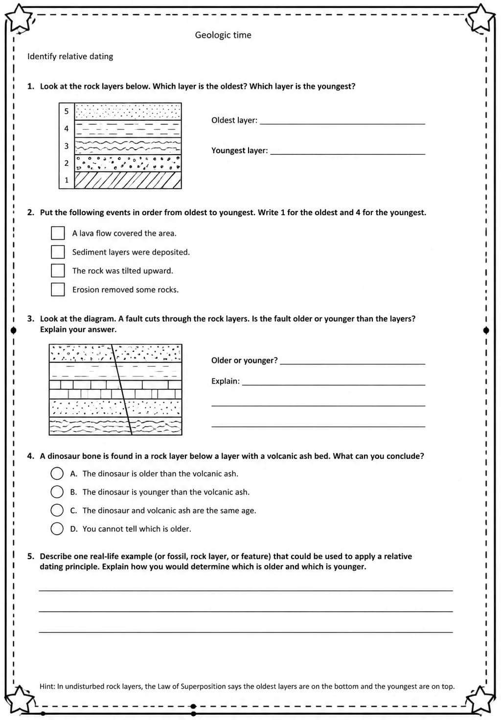 Identify relative dating — free printable Middle School Science worksheet