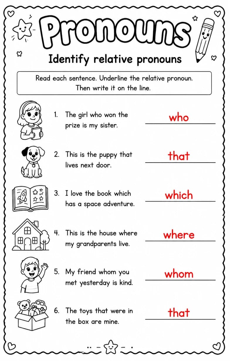 Answer key for Identify relative pronouns — free printable English & Reading worksheet
