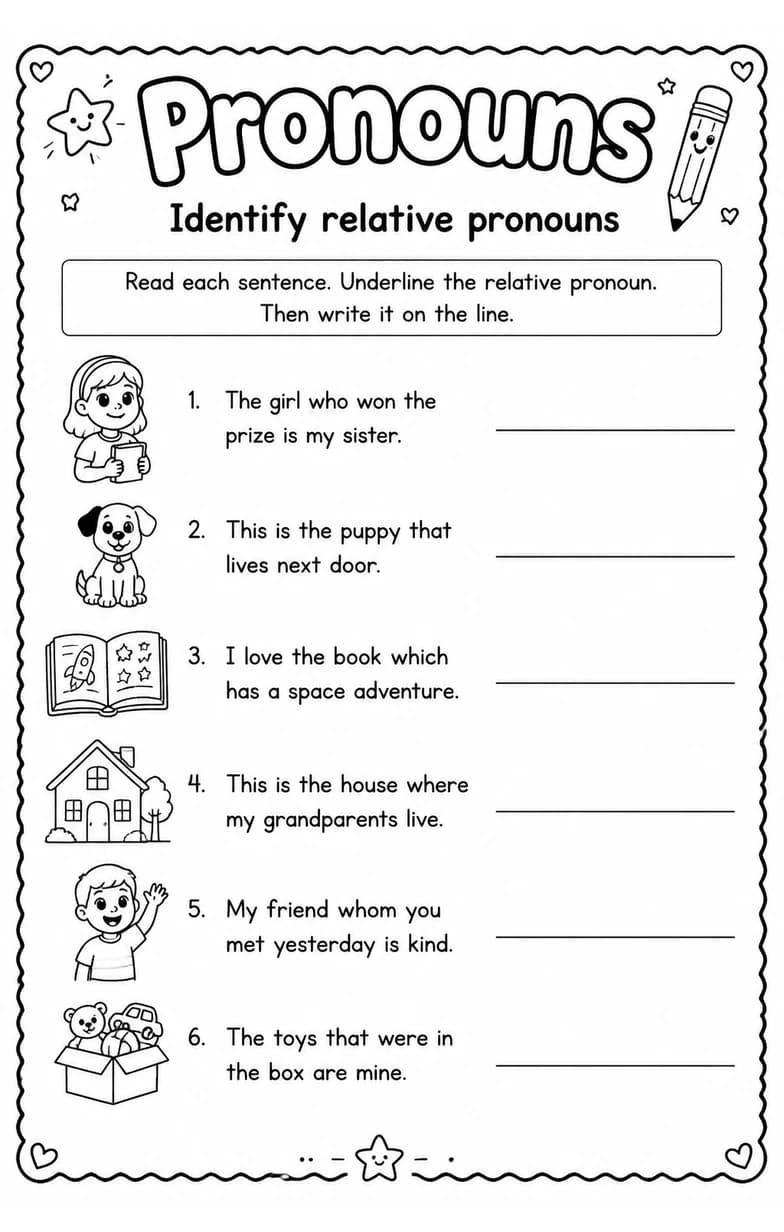 Identify relative pronouns — free printable Grade 4 English & Reading worksheet