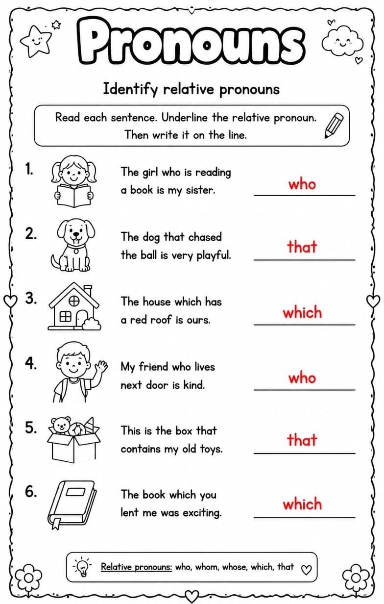 Answer key for Identify relative pronouns — free printable English & Reading worksheet