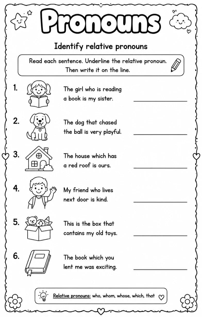 Identify relative pronouns — free printable Grade 5 English & Reading worksheet