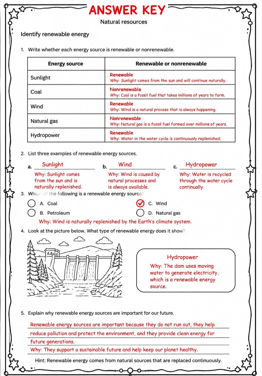 Answer key for Identify renewable energy — free printable Science worksheet