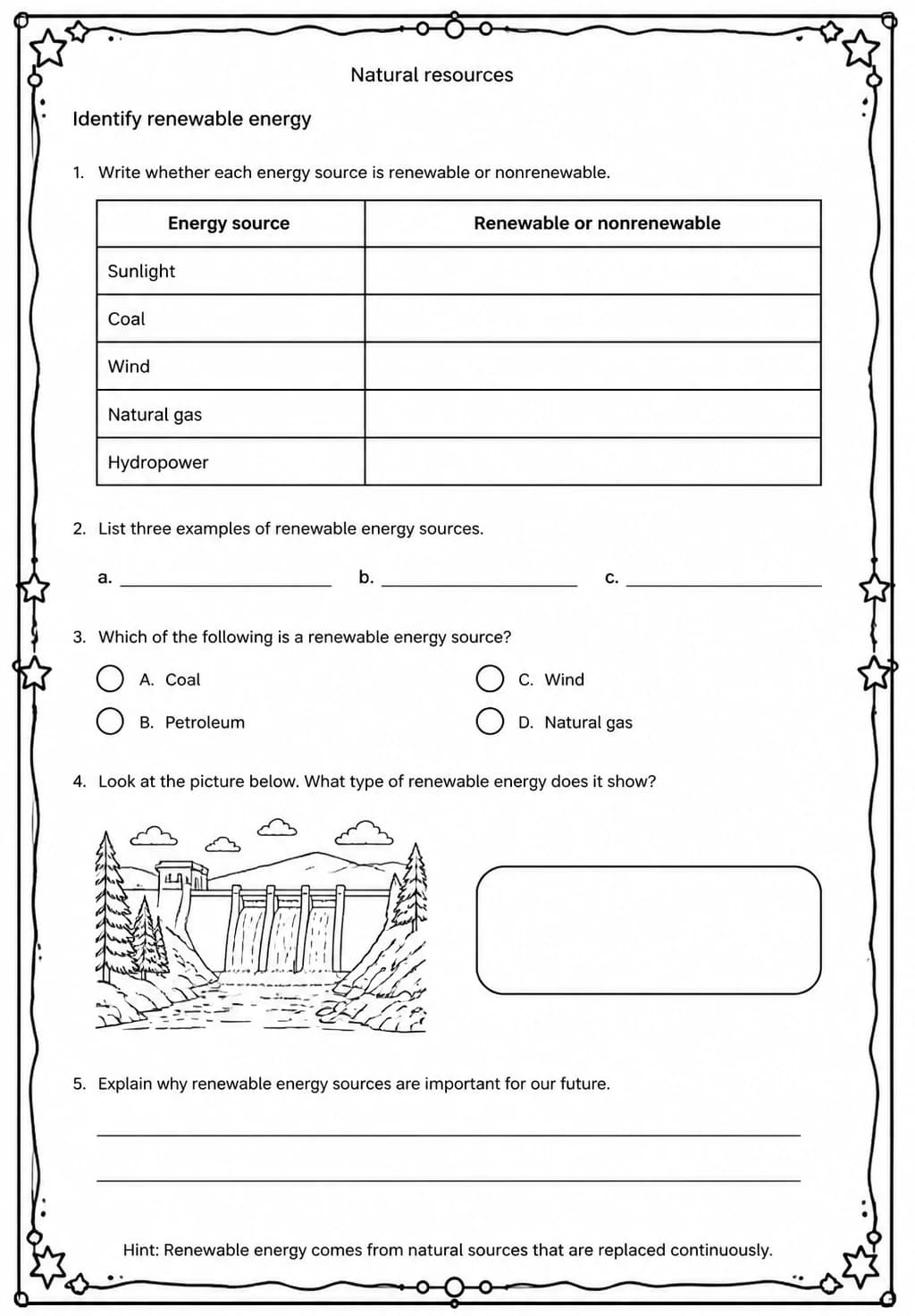 Identify renewable energy — free printable Middle School Science worksheet
