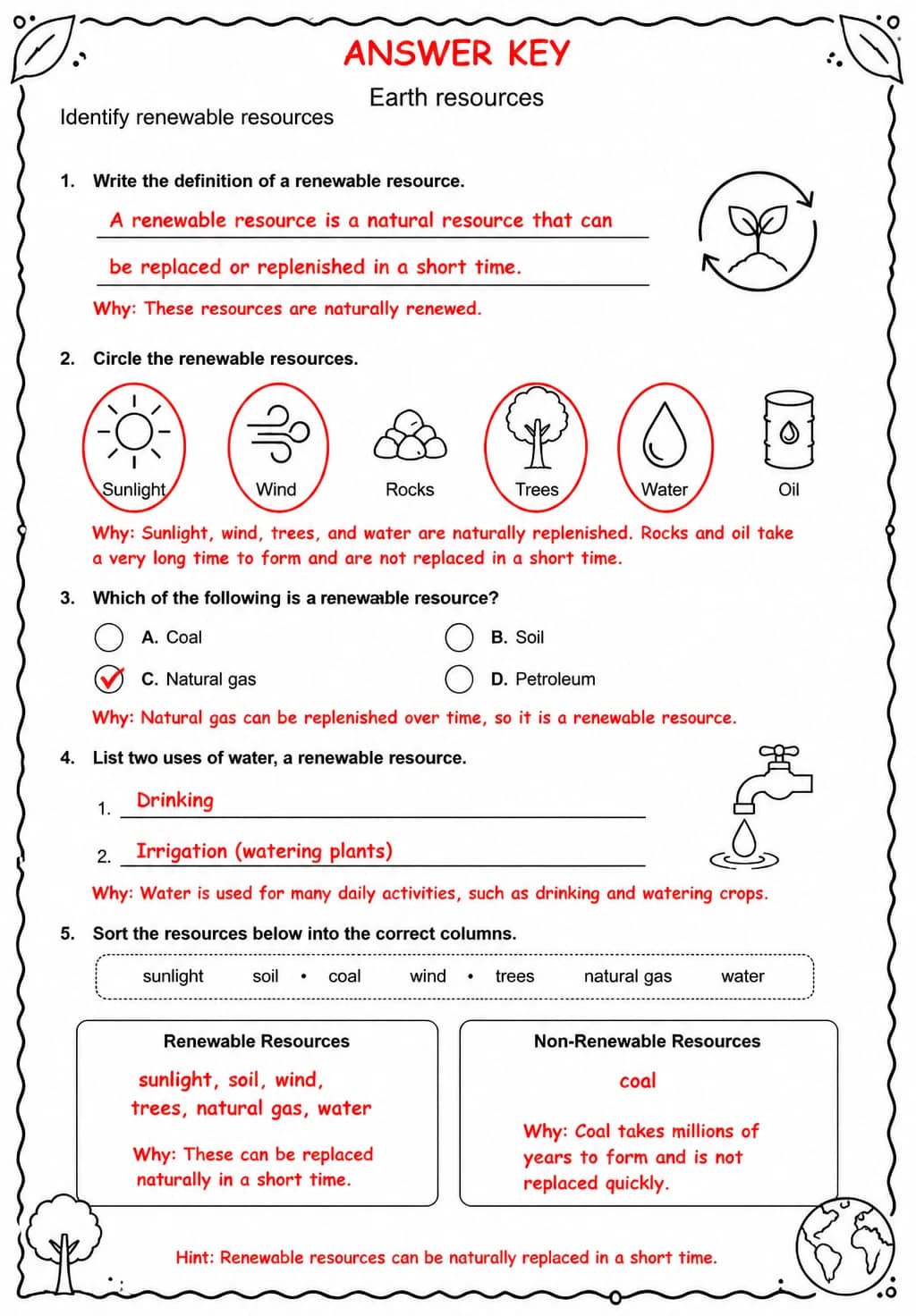 Answer key for Identify renewable resources — free printable Science worksheet