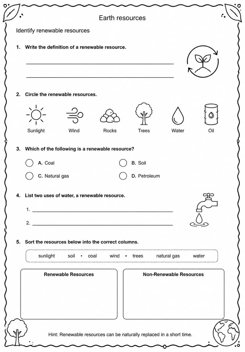 Identify renewable resources — free printable Grade 5 Science worksheet