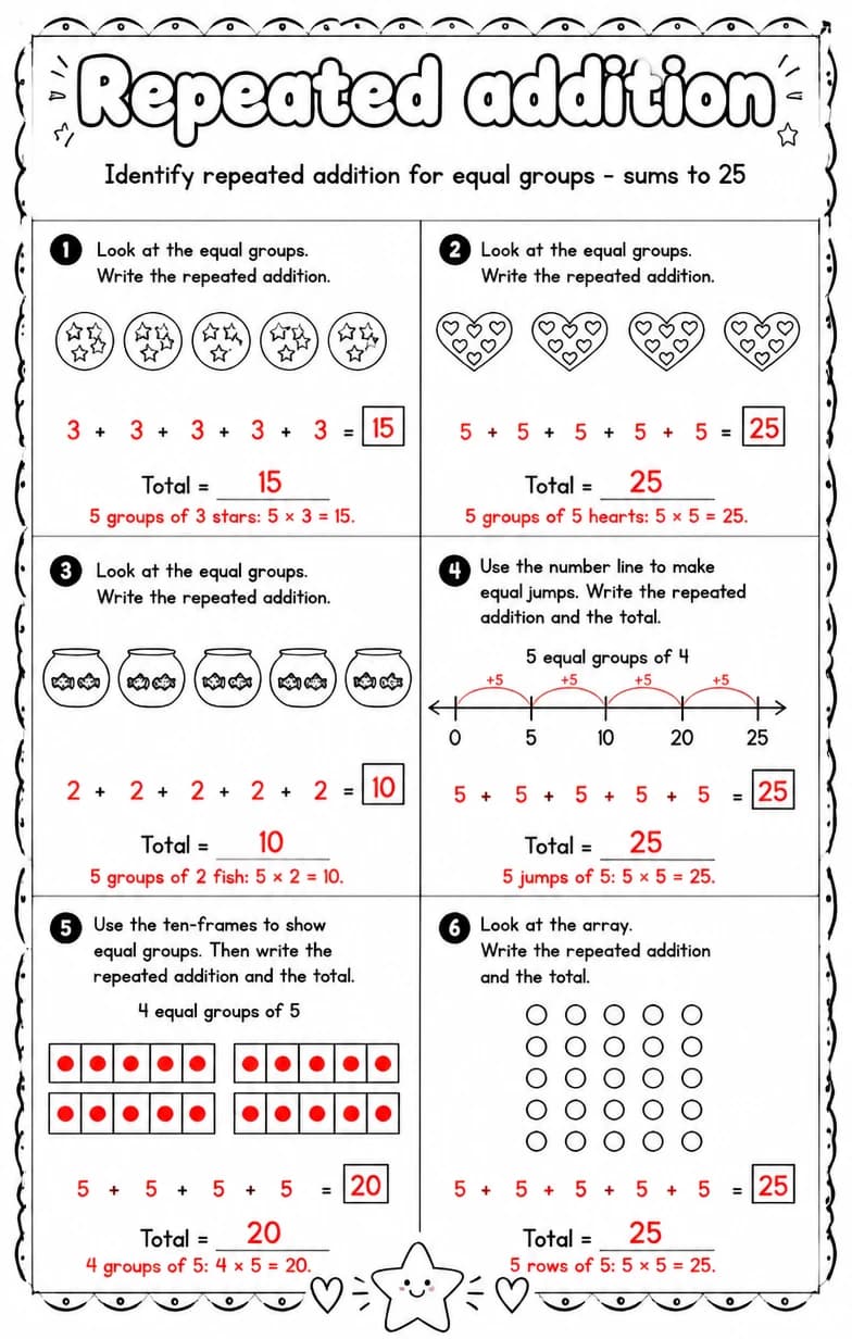 Answer key for Identify repeated addition for equal groups - sums to 25 — free printable Math worksheet