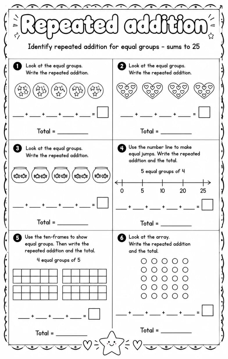 Identify repeated addition for equal groups - sums to 25 — free printable Grade 2 math worksheet