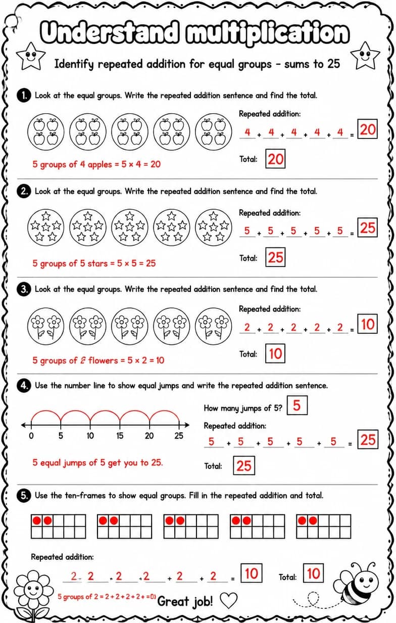 Answer key for Identify repeated addition for equal groups - sums to 25 — free printable Math worksheet