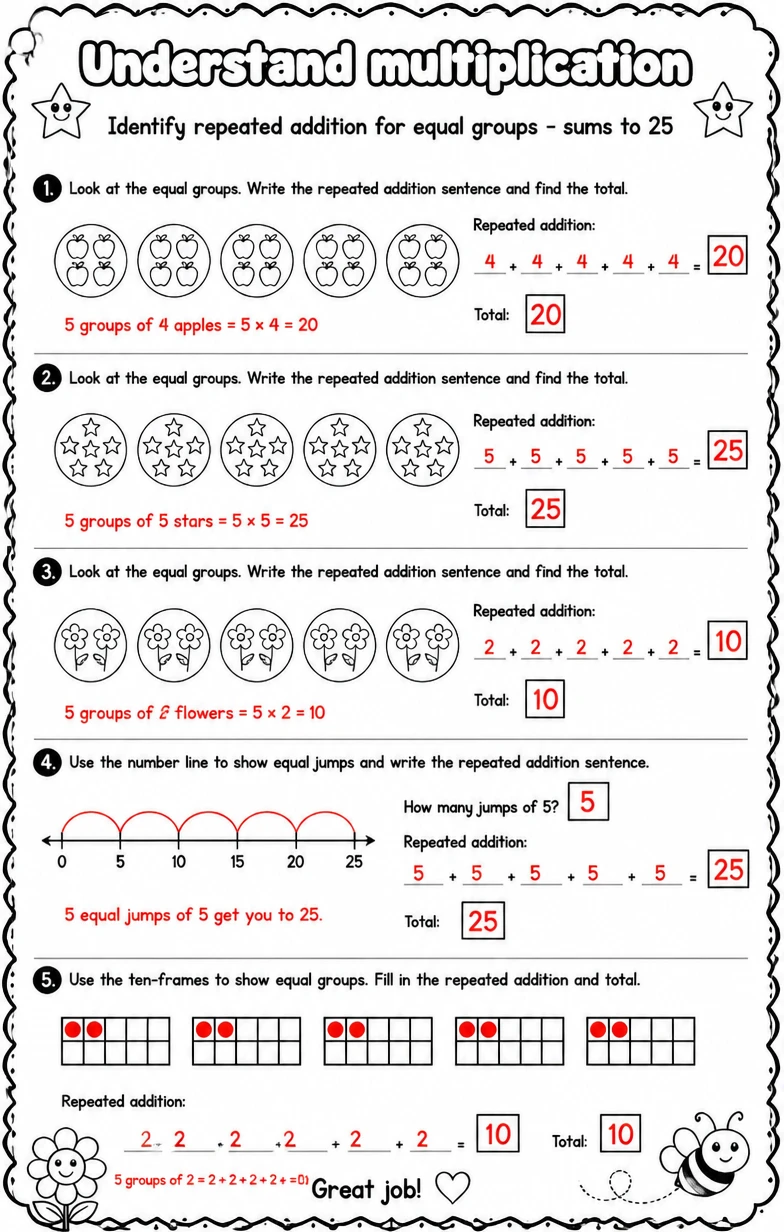 Answer key for Identify repeated addition for equal groups - sums to 25 — free printable Math worksheet