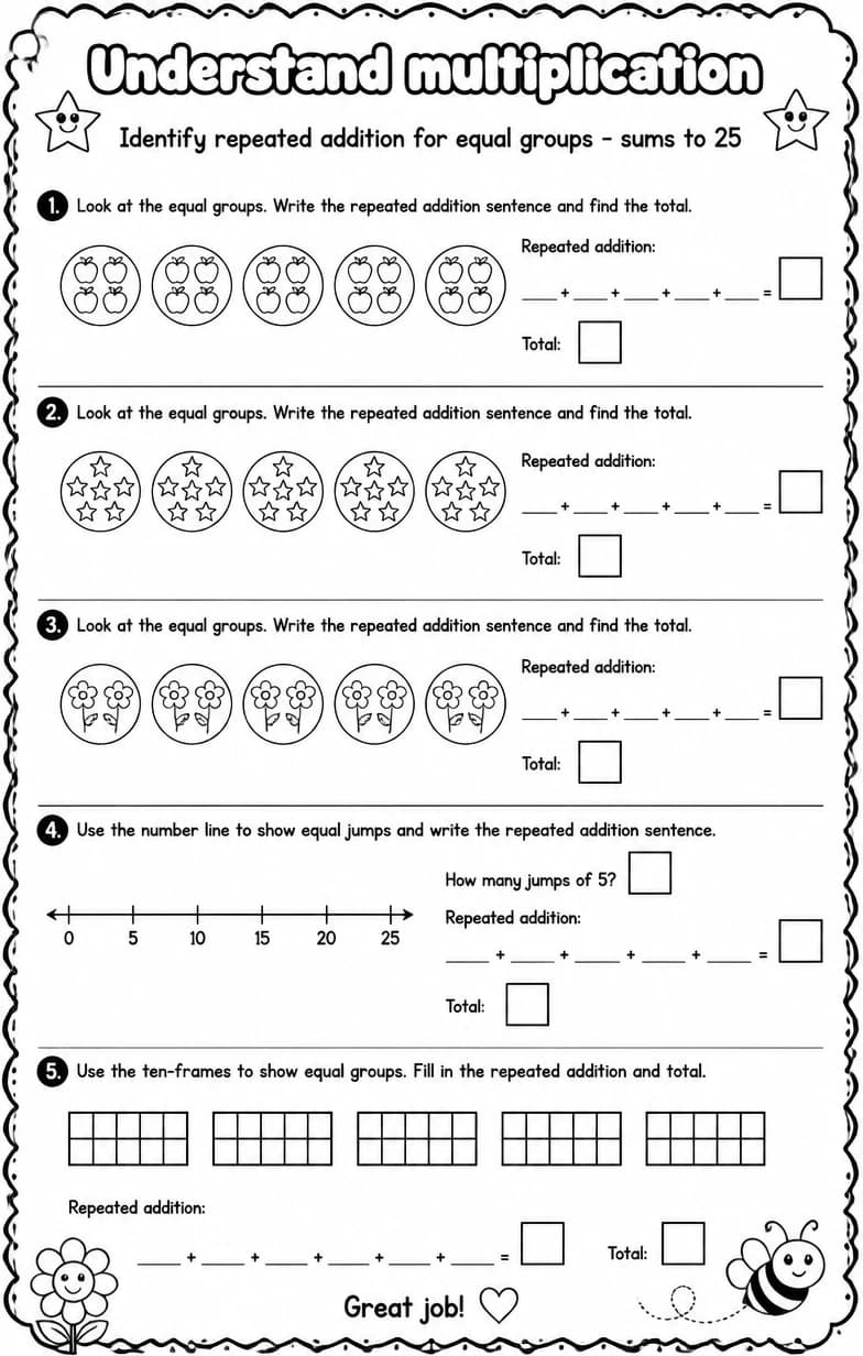 Identify repeated addition for equal groups - sums to 25 — free printable Grade 3 Math worksheet