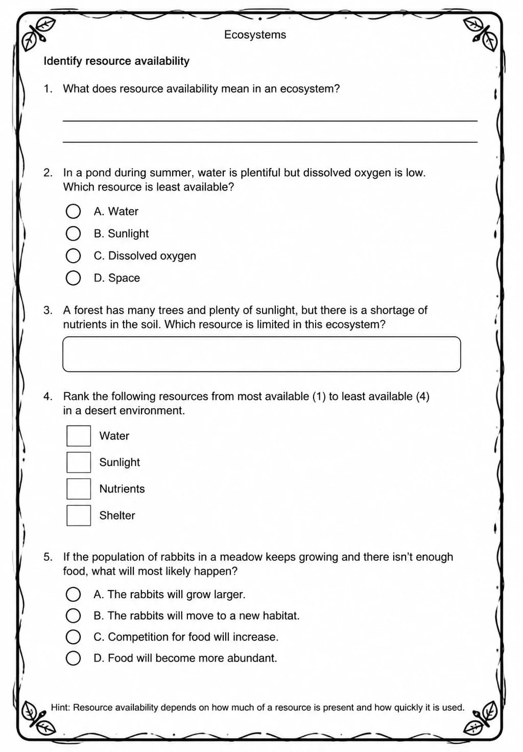Identify resource availability — free printable Grade 5 Science worksheet