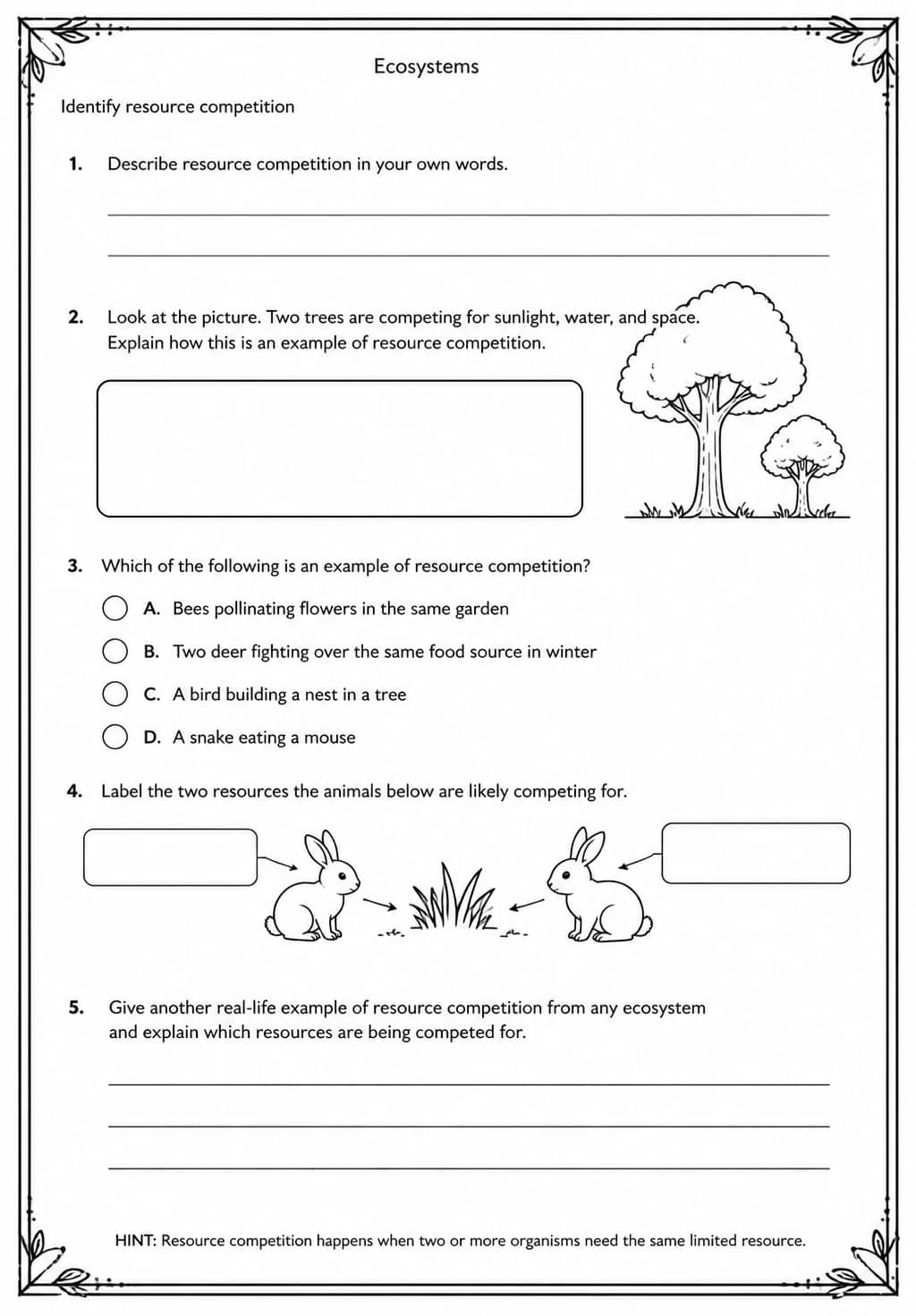 Identify resource competition — free printable Middle School Science worksheet