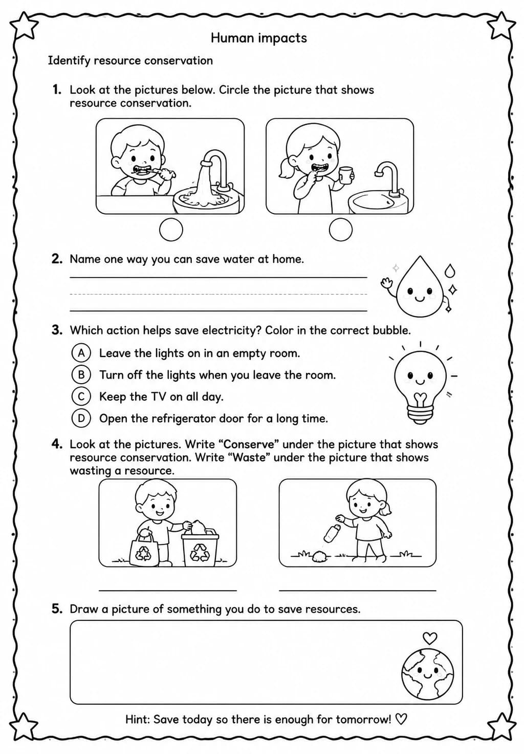 Identify resource conservation — free printable Grade 1 Science worksheet