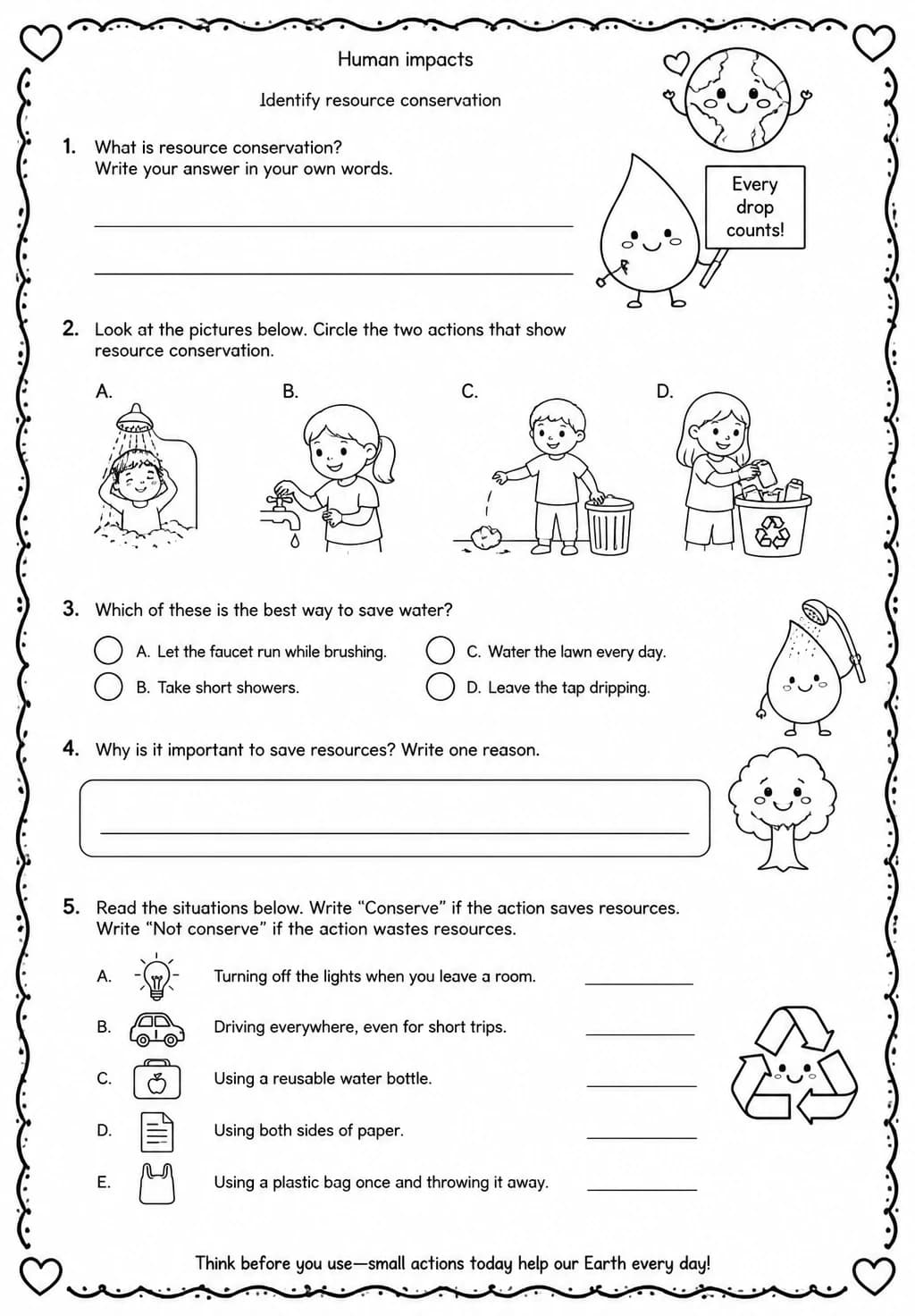 Identify resource conservation — free printable Grade 2 Science worksheet