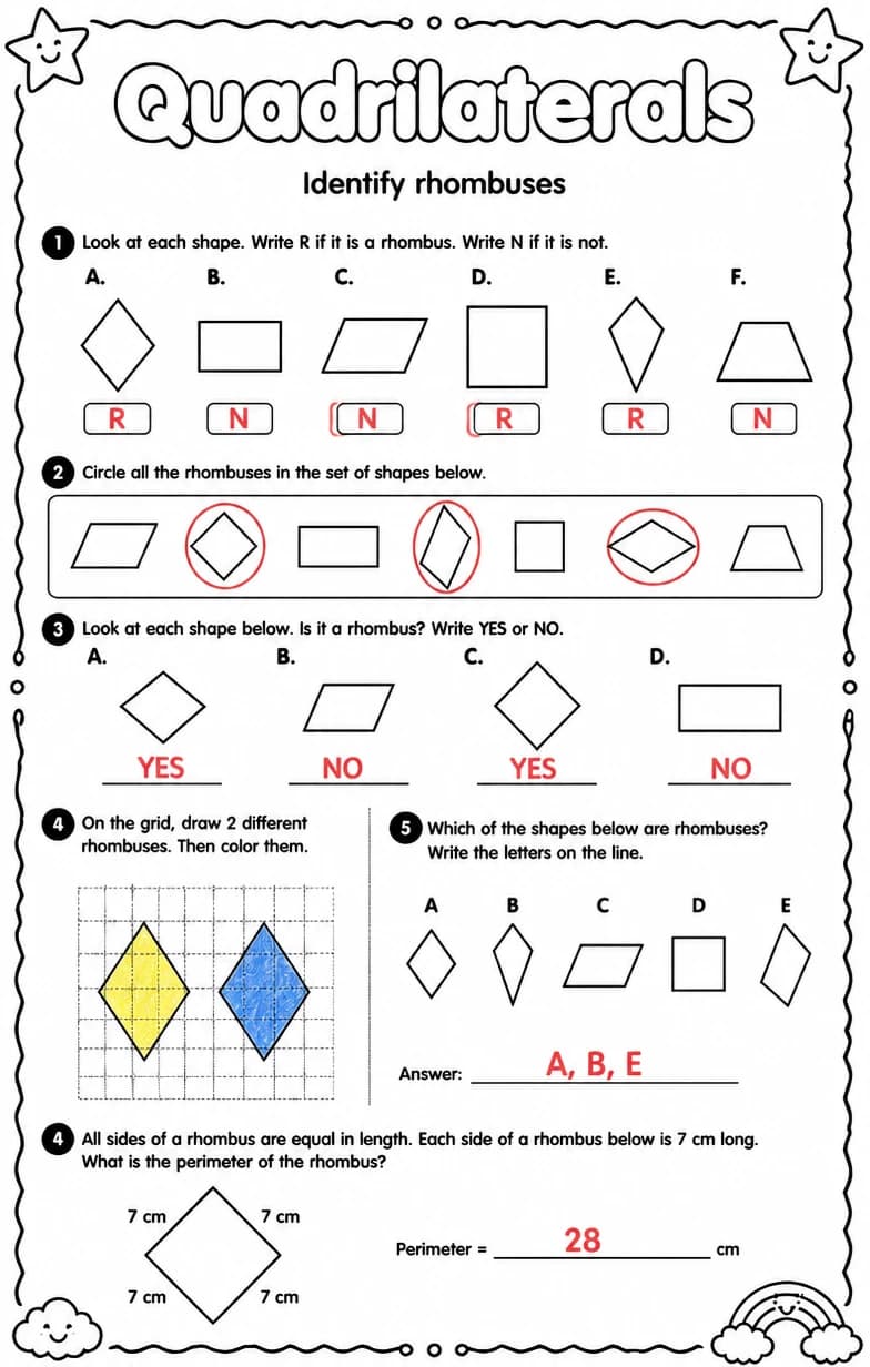 Answer key for Identify rhombuses — free printable Math worksheet