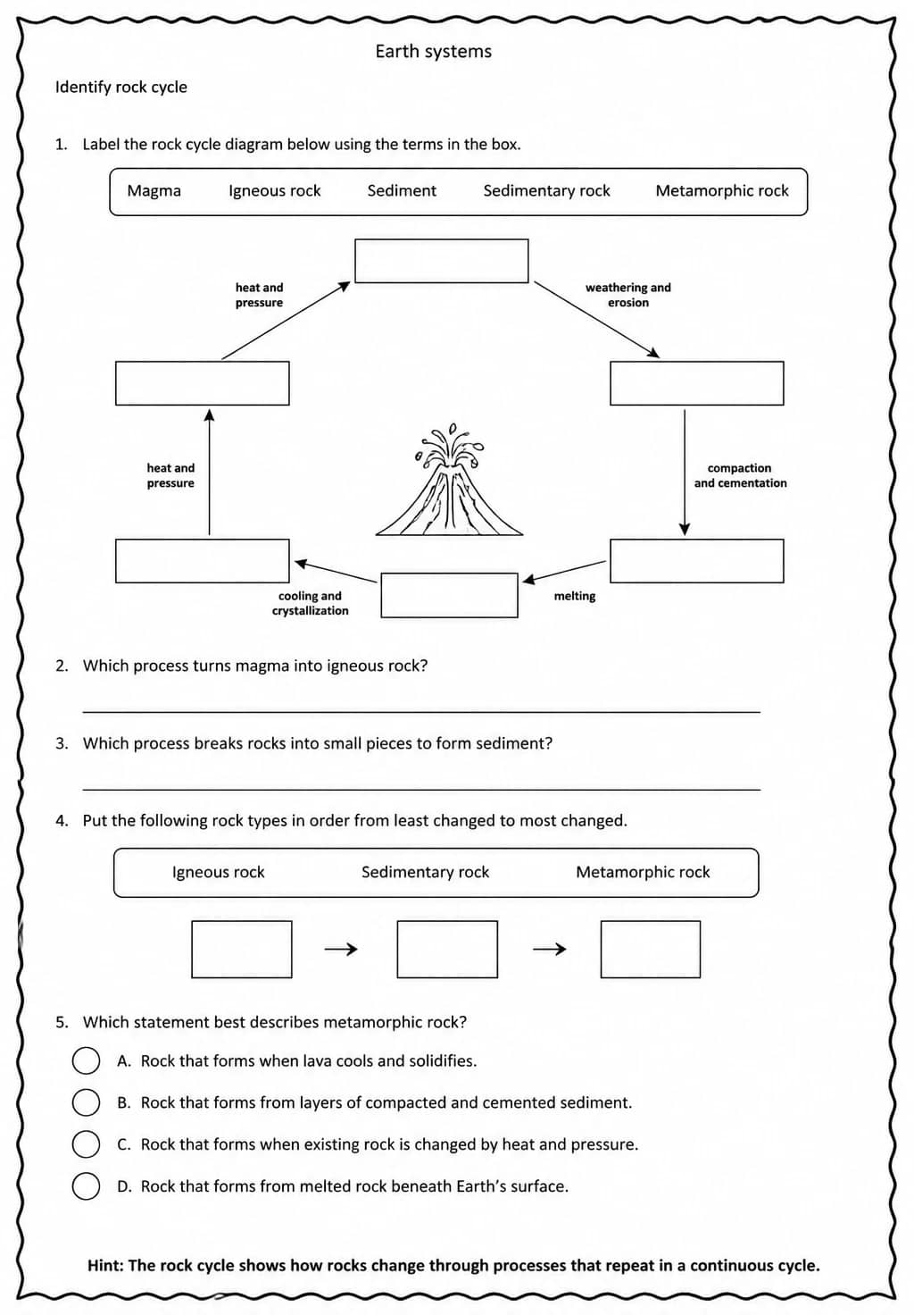 Identify rock cycle — free printable Middle School Science worksheet