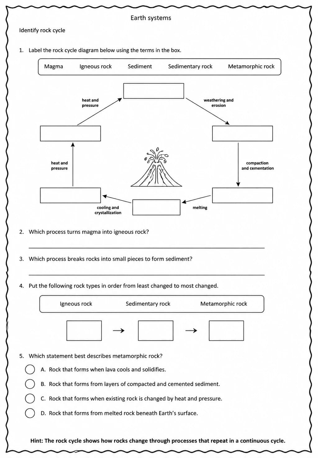 Identify rock cycle — free printable Middle School Science worksheet