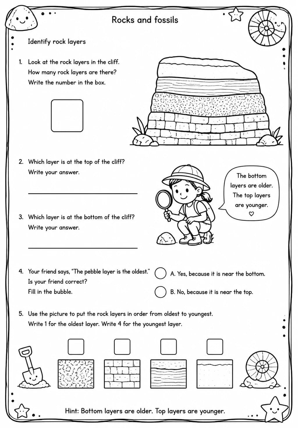 Identify rock layers — free printable Grade 4 Science worksheet