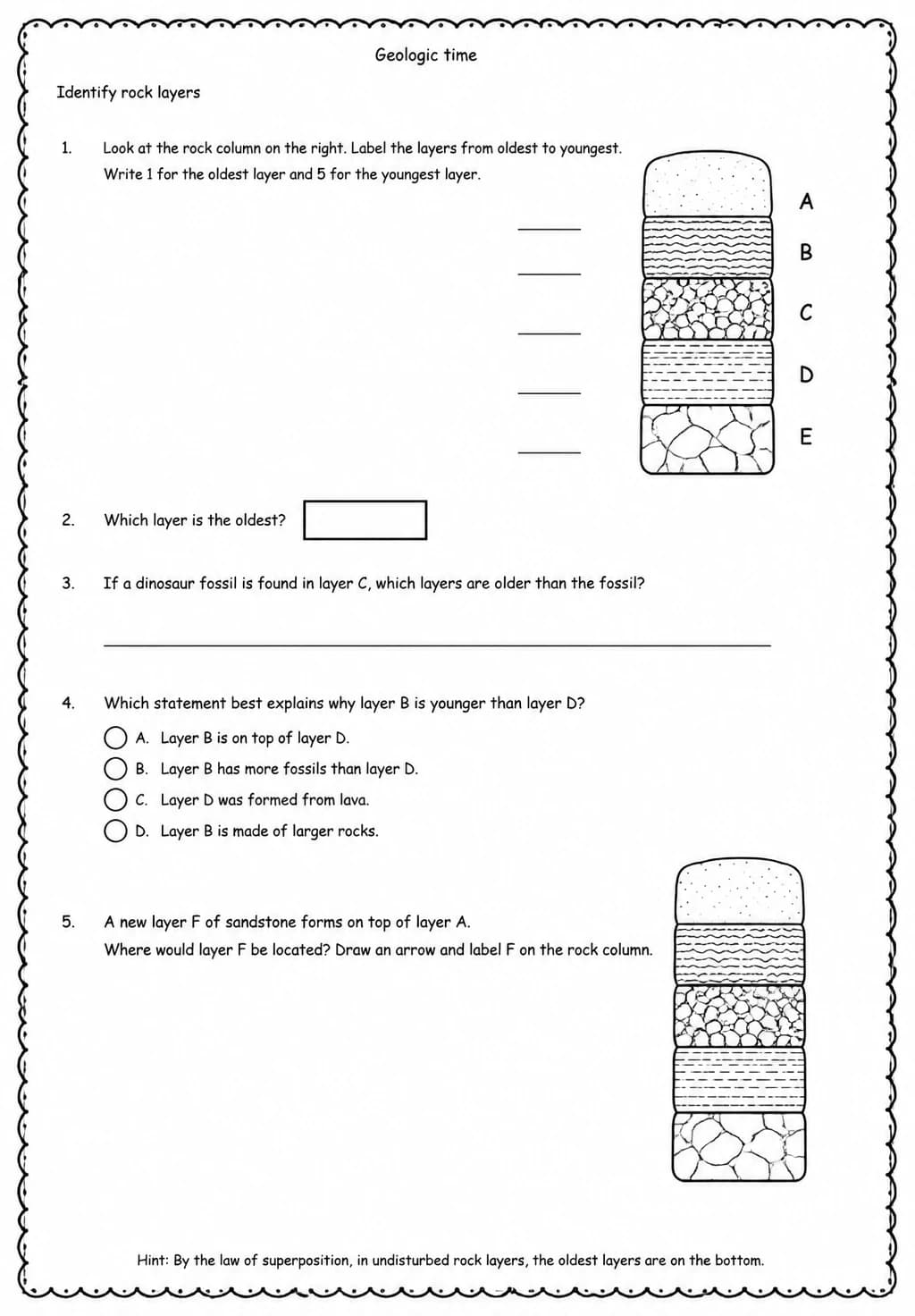Identify rock layers — free printable Middle School Science worksheet