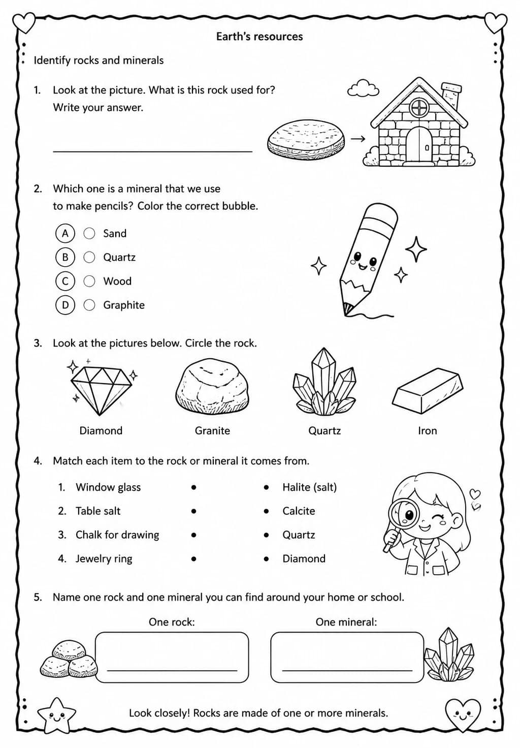 Identify rocks and minerals — free printable Grade 1 Science worksheet
