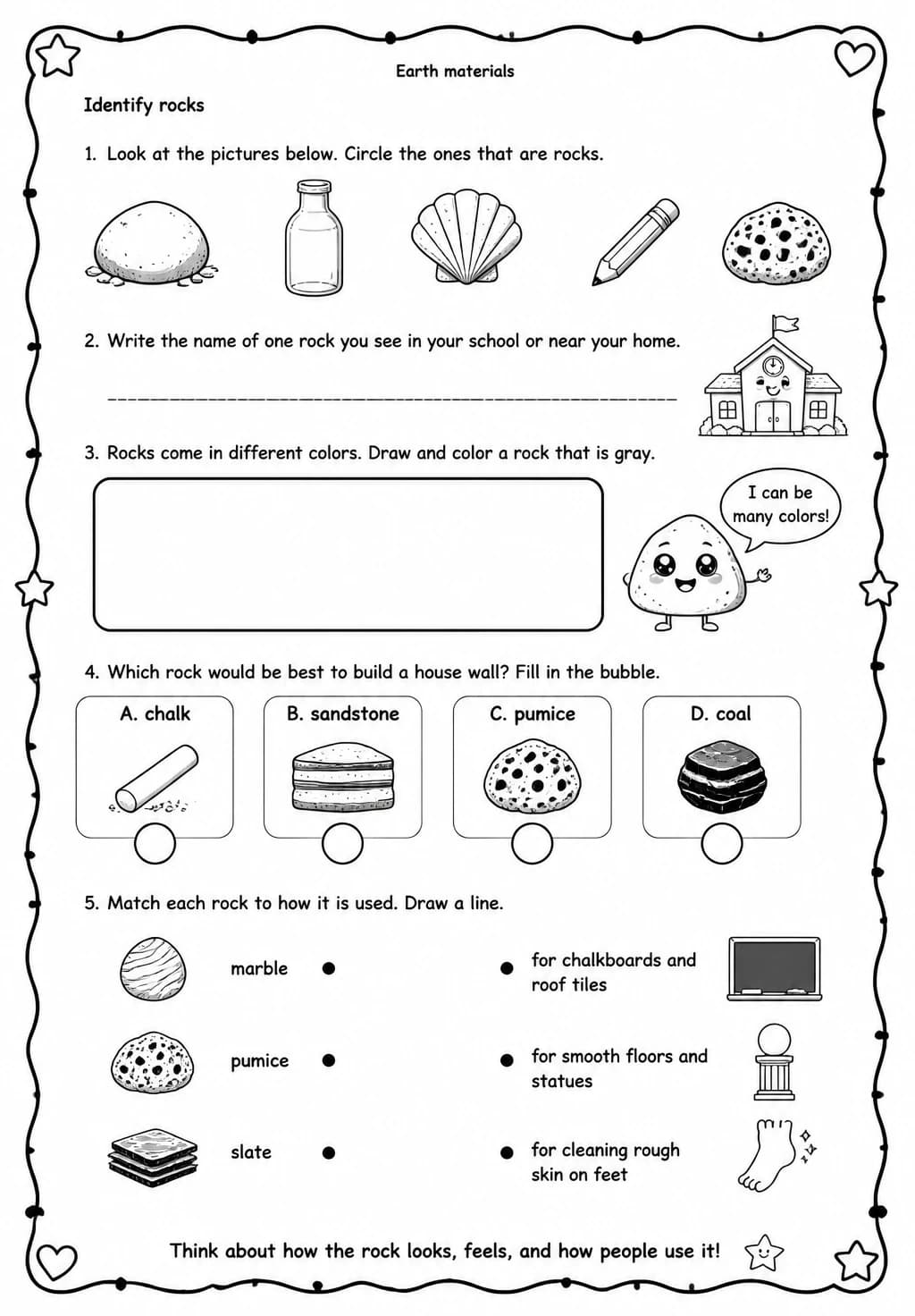 Identify rocks — free printable Grade 3 Science worksheet