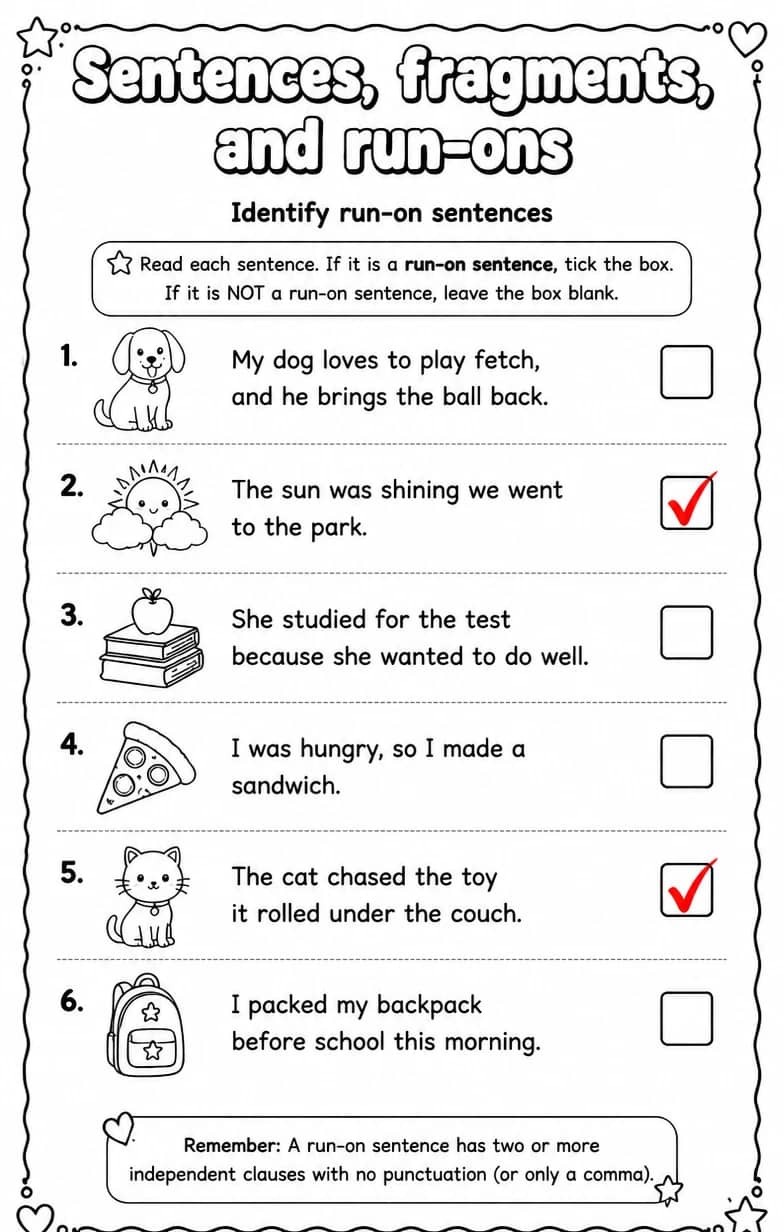 Answer key for Identify run-on sentences — free printable English & Reading worksheet
