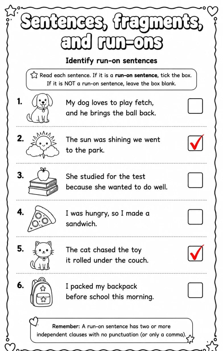 Answer key for Identify run-on sentences — free printable English & Reading worksheet