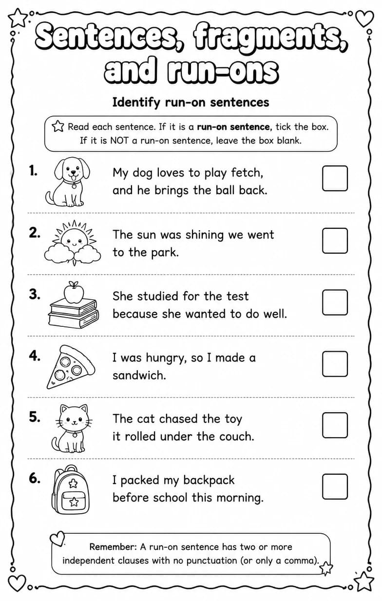 Identify run-on sentences — free printable Grammar and mechanics English worksheet
