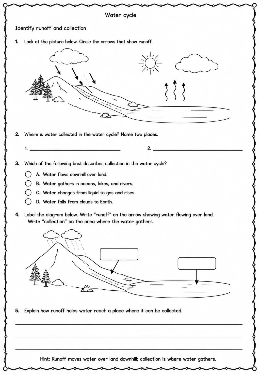 Identify runoff and collection — free printable Grade 5 Science worksheet