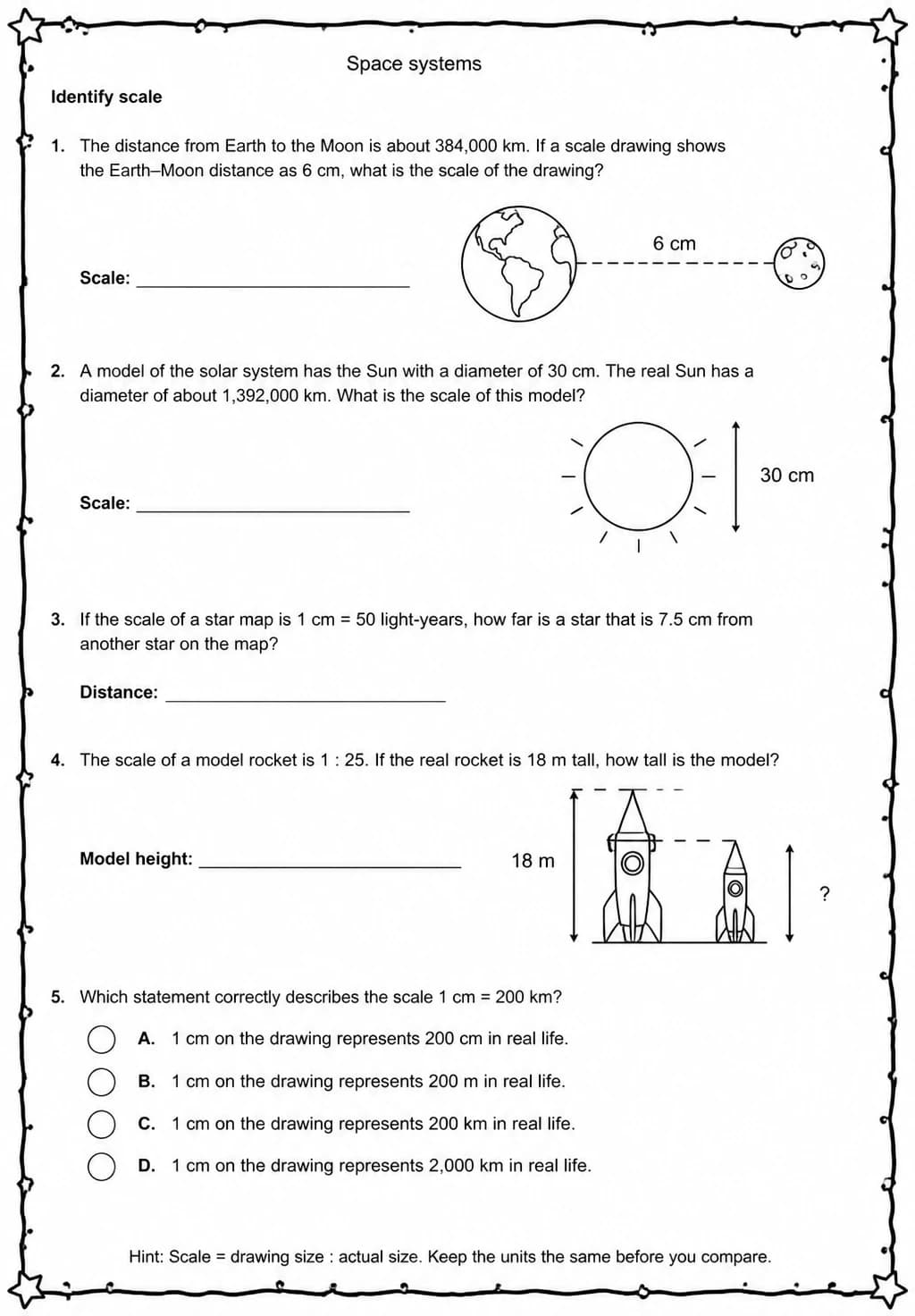 Identify scale — free printable Grade 5 Science worksheet