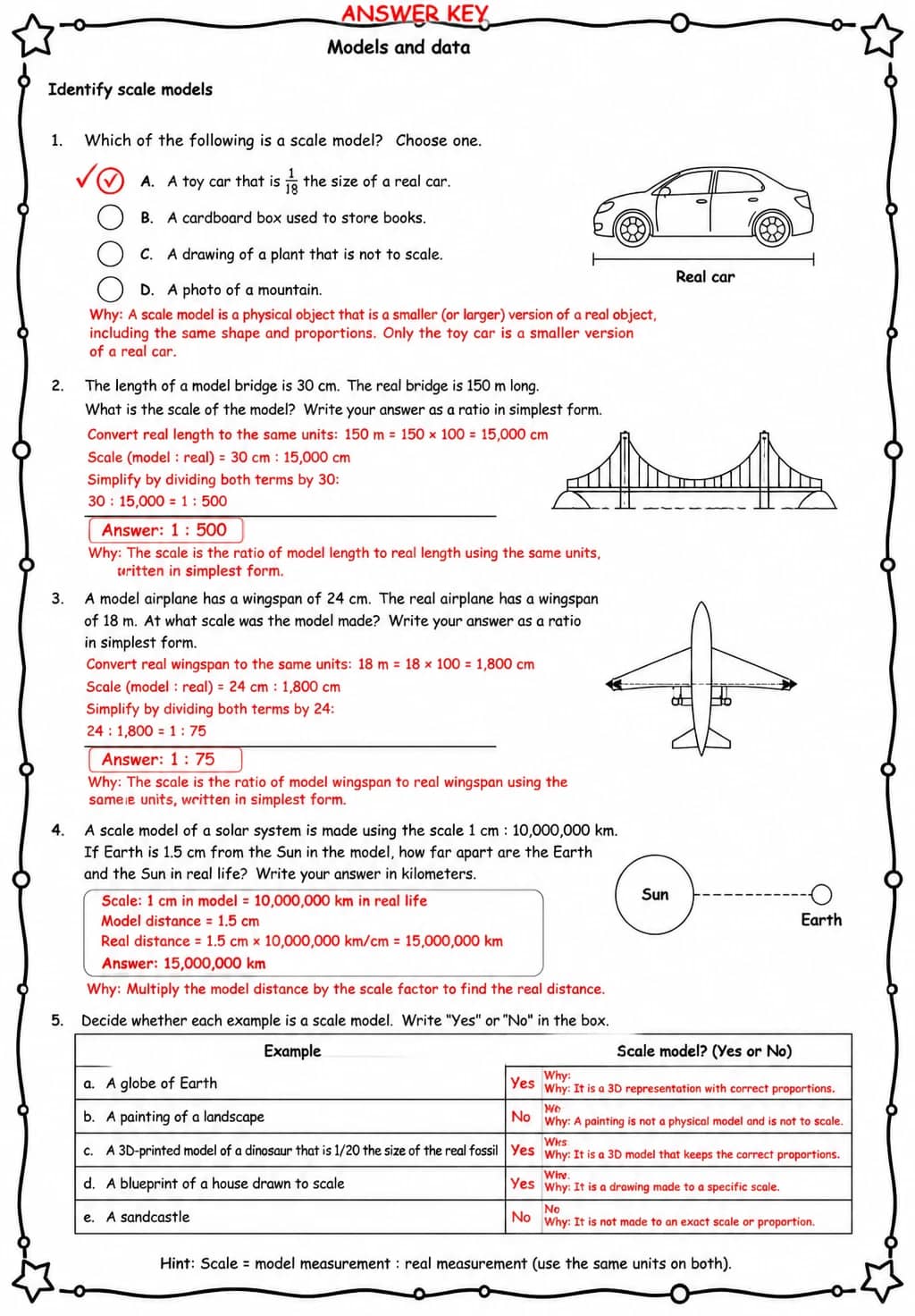 Answer key for Identify scale models — free printable Science worksheet