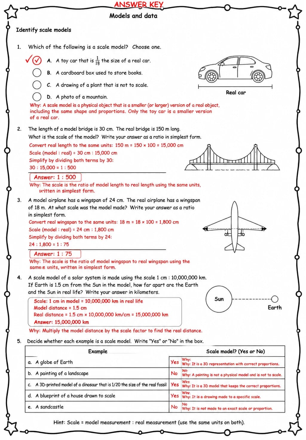 Answer key for Identify scale models — free printable Science worksheet