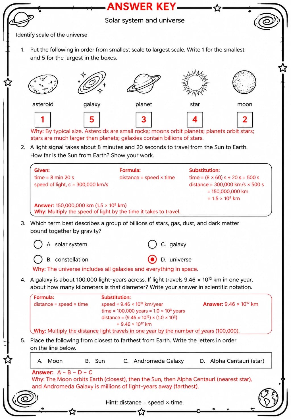 Answer key for Identify scale of the universe — free printable Science worksheet
