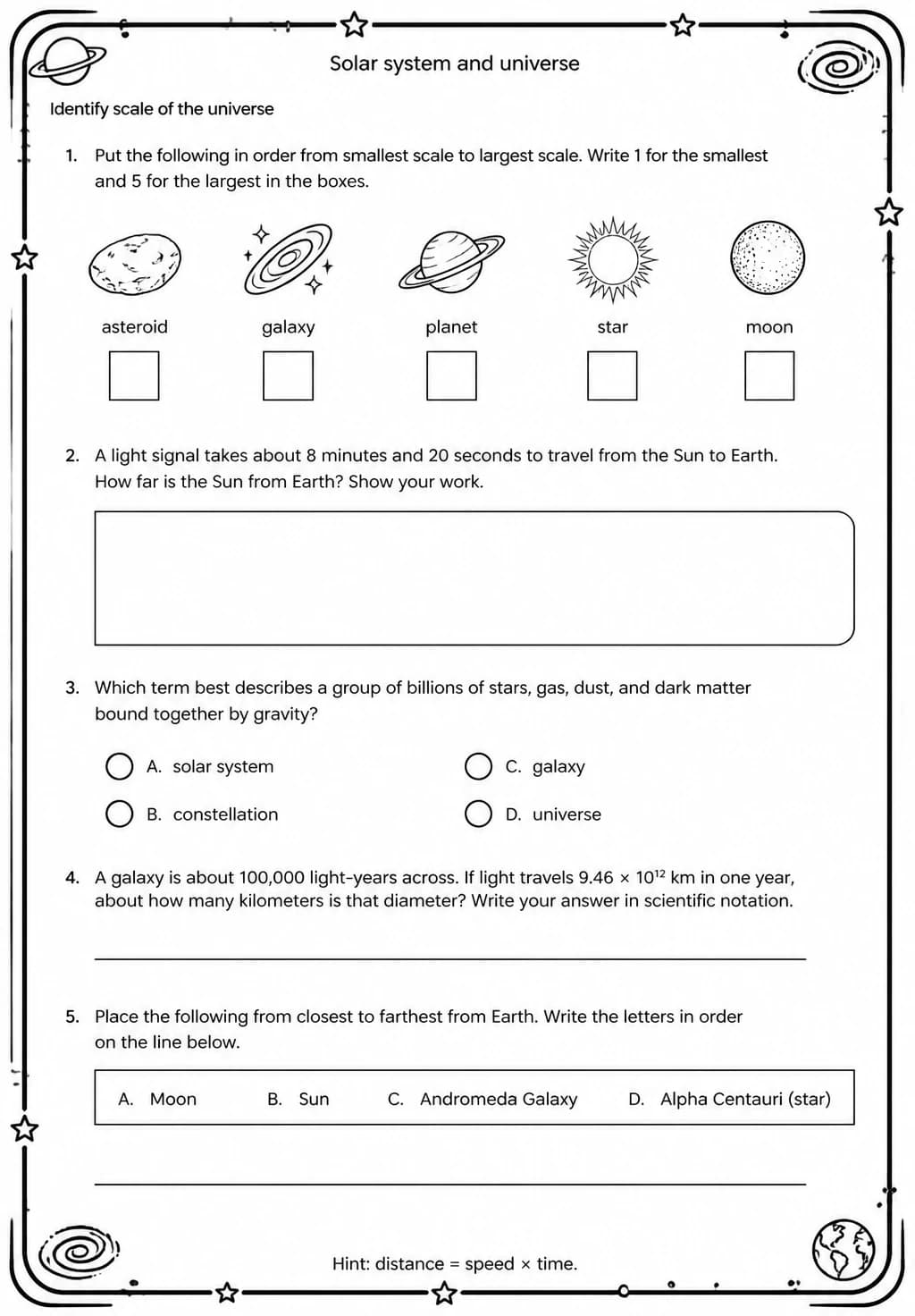 Identify scale of the universe — free printable Middle School Science worksheet