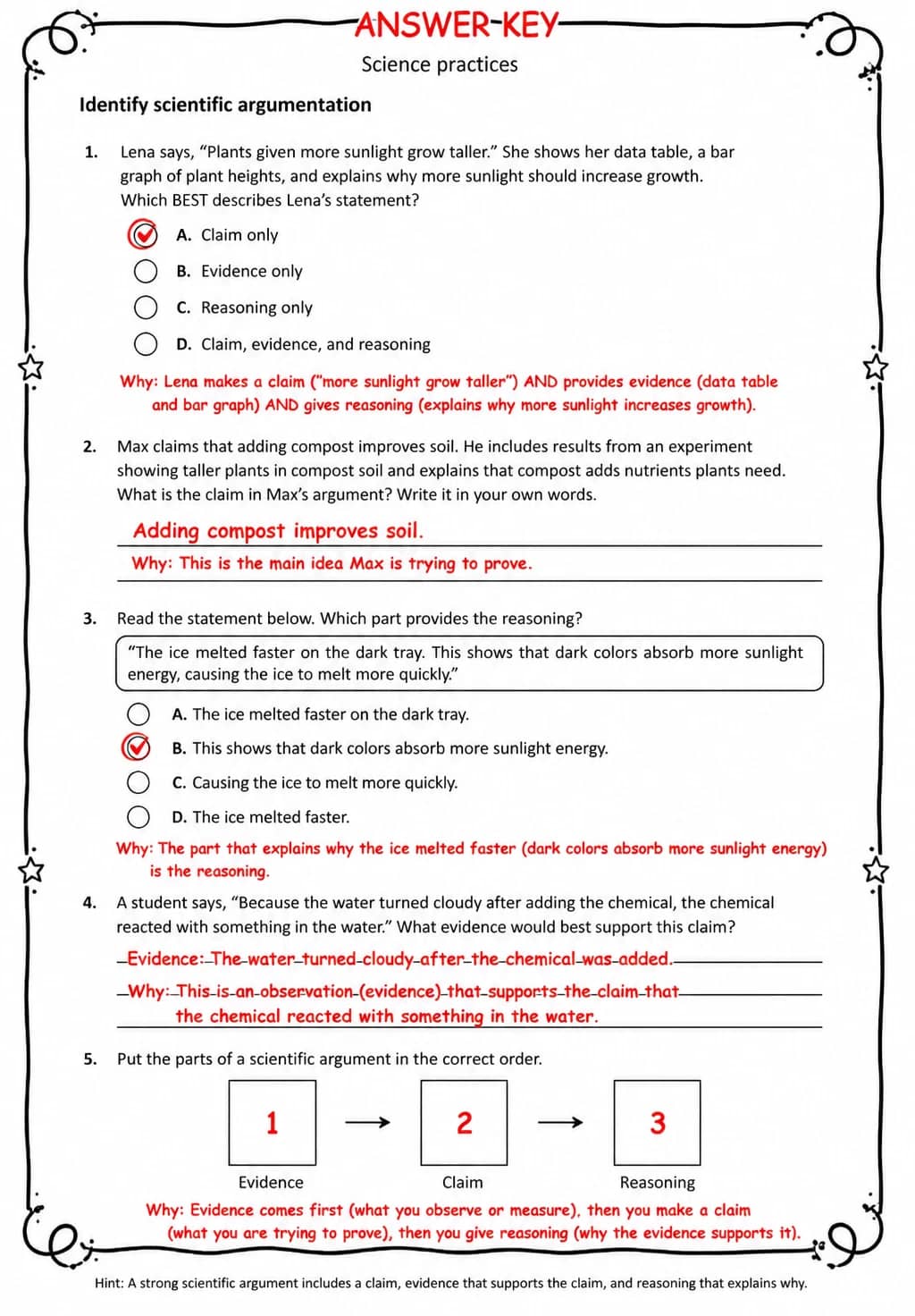 Answer key for Identify scientific argumentation — free printable Science worksheet