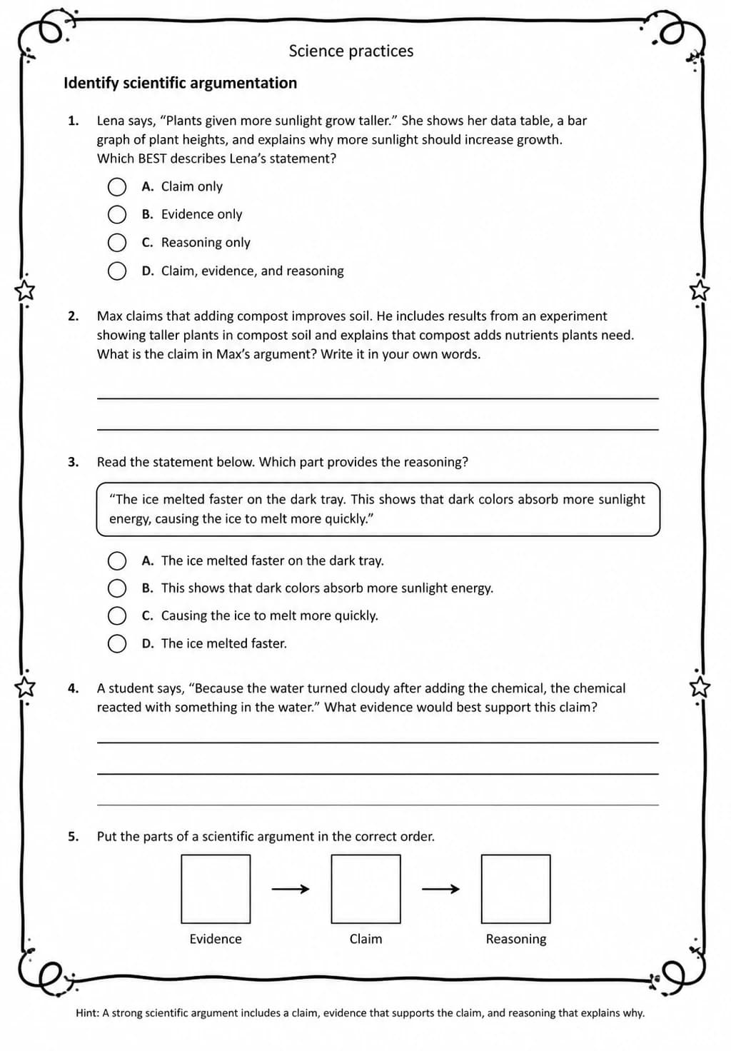 Identify scientific argumentation — free printable Grade 5 Science worksheet