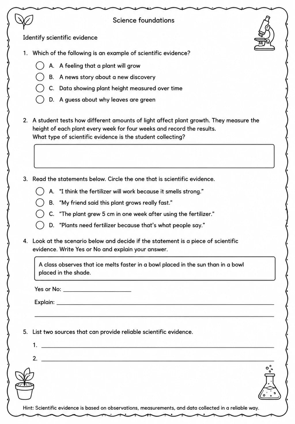 Identify scientific evidence — free printable High School Science worksheet