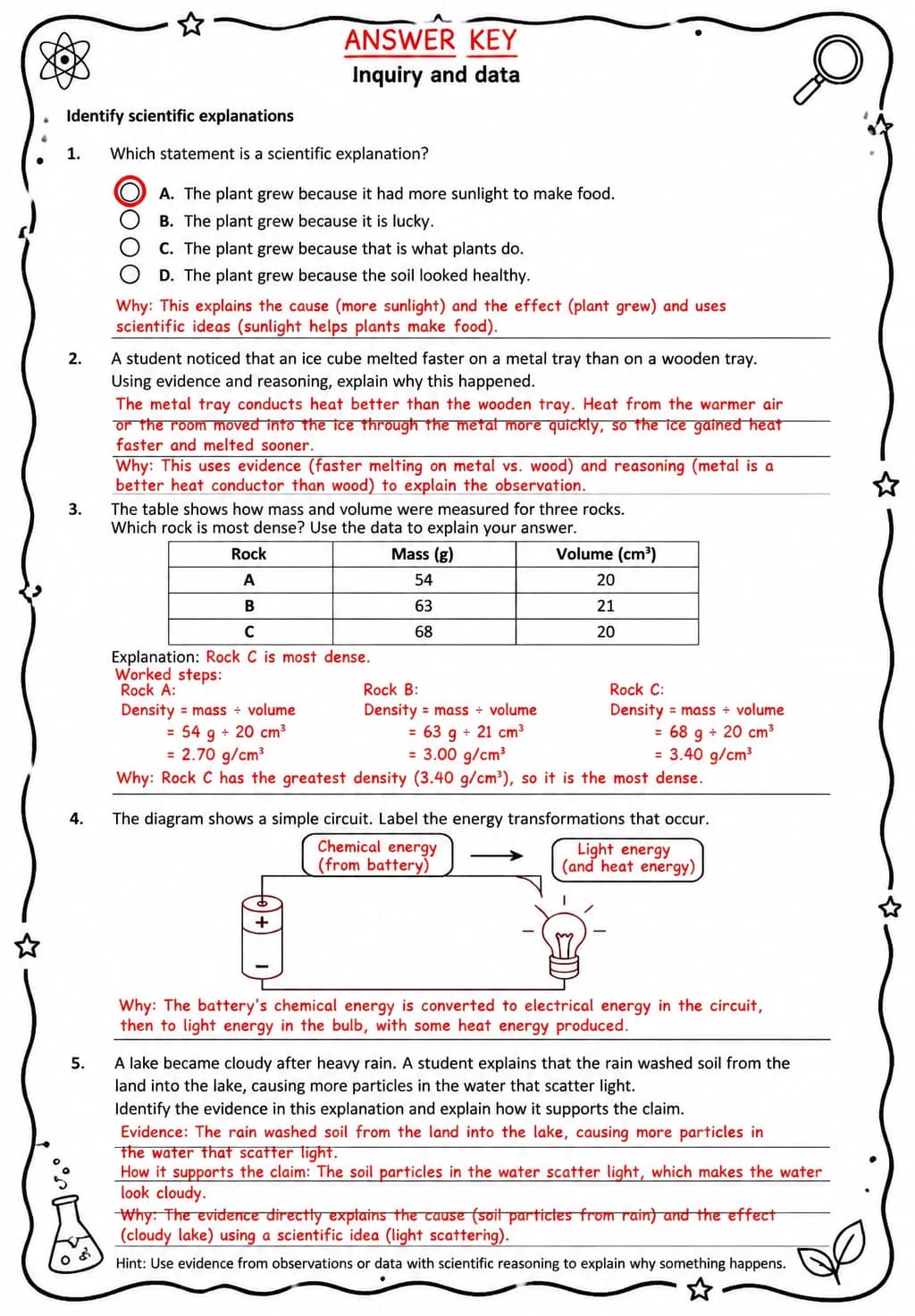 Answer key for Identify scientific explanations — free printable Science worksheet