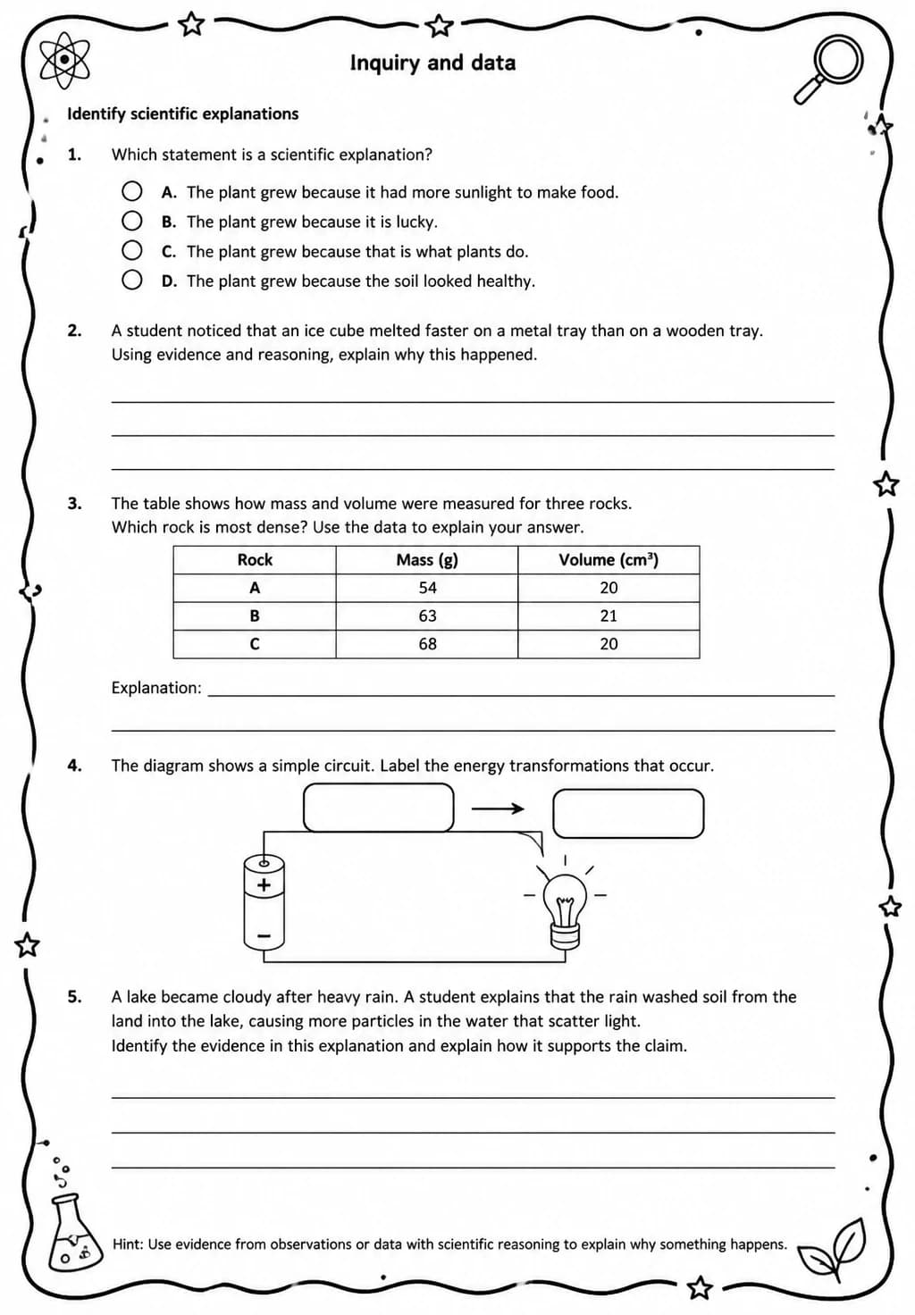 Identify scientific explanations — free printable Middle School Science worksheet