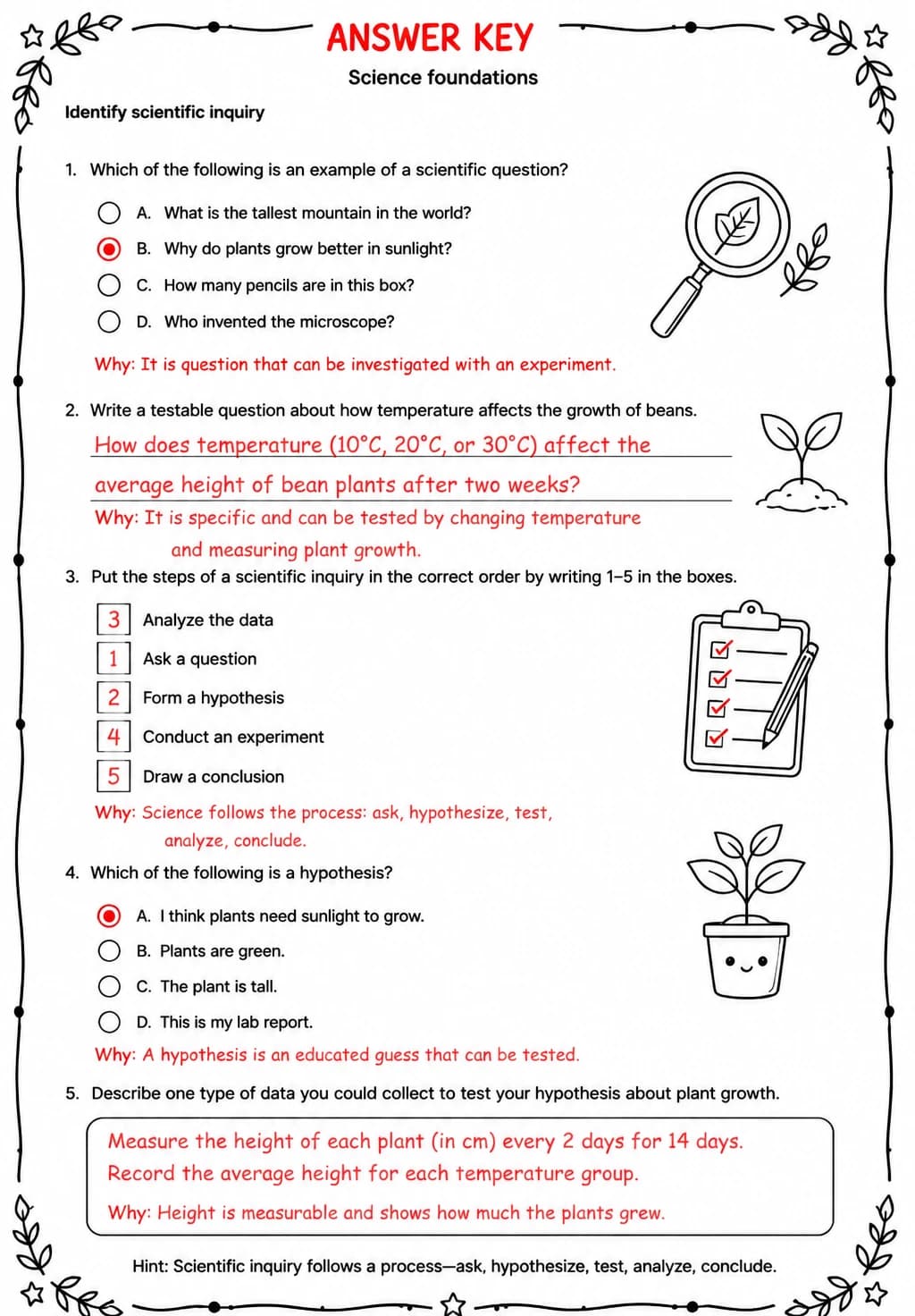 Answer key for Identify scientific inquiry — free printable Science worksheet