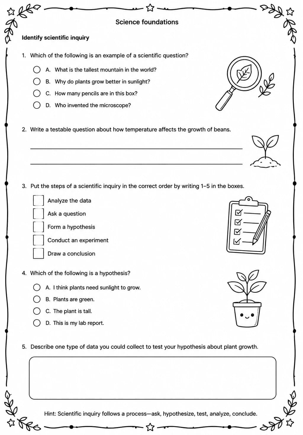 Identify scientific inquiry — free printable High School Science worksheet