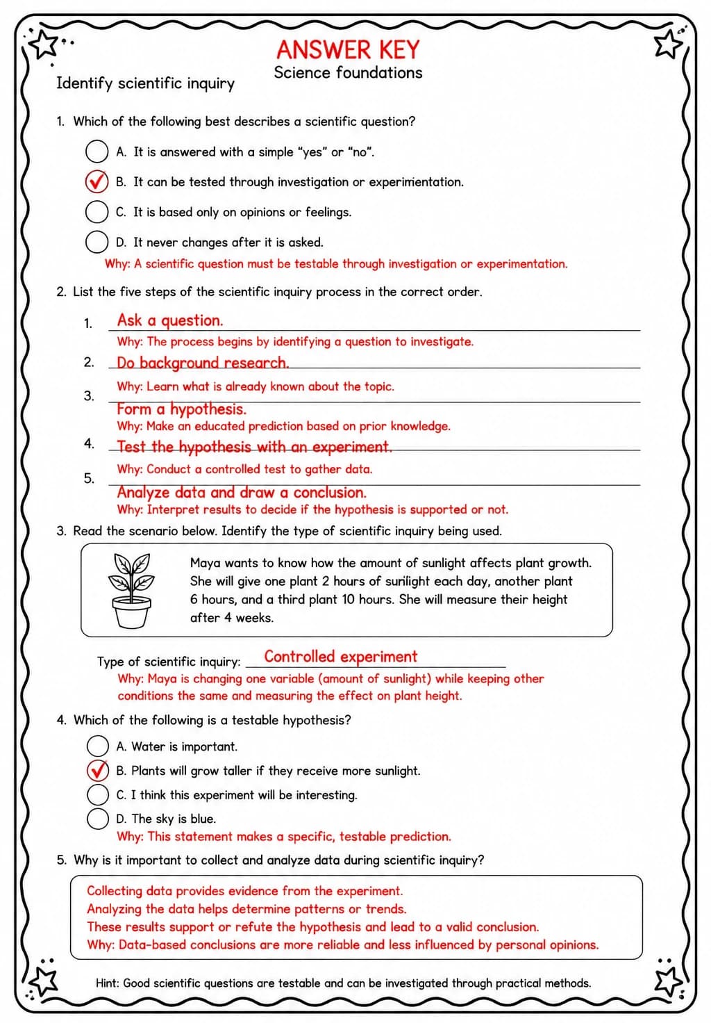 Answer key for Identify scientific inquiry — free printable Science worksheet