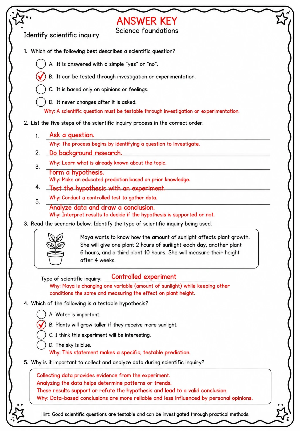 Answer key for Identify scientific inquiry — free printable Science worksheet