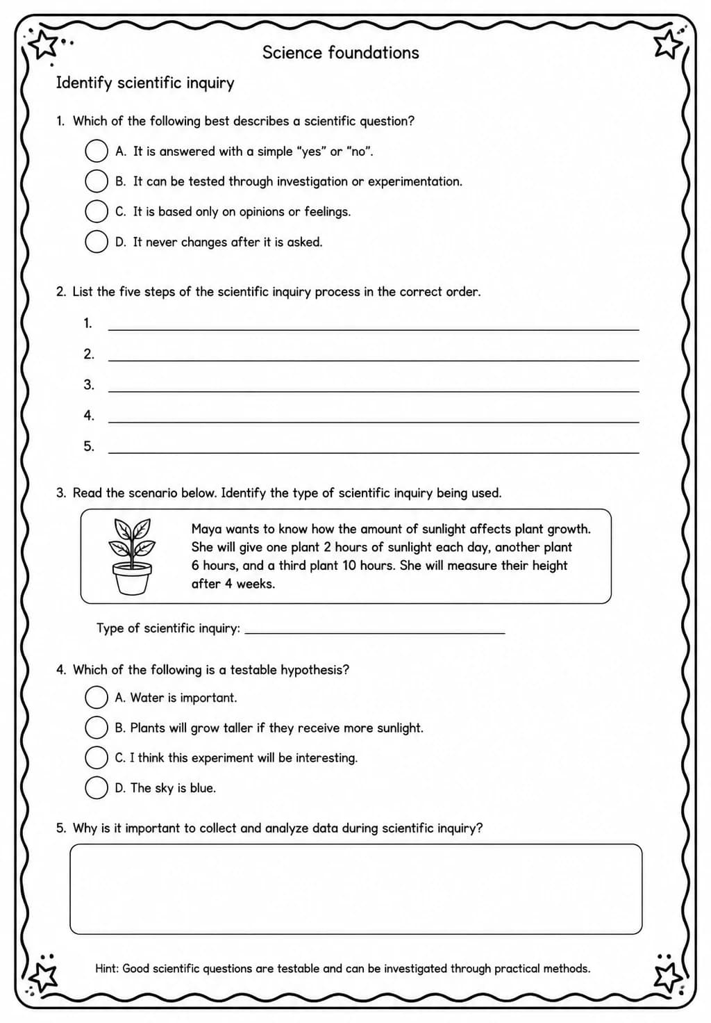 Identify scientific inquiry — free printable High School Science worksheet