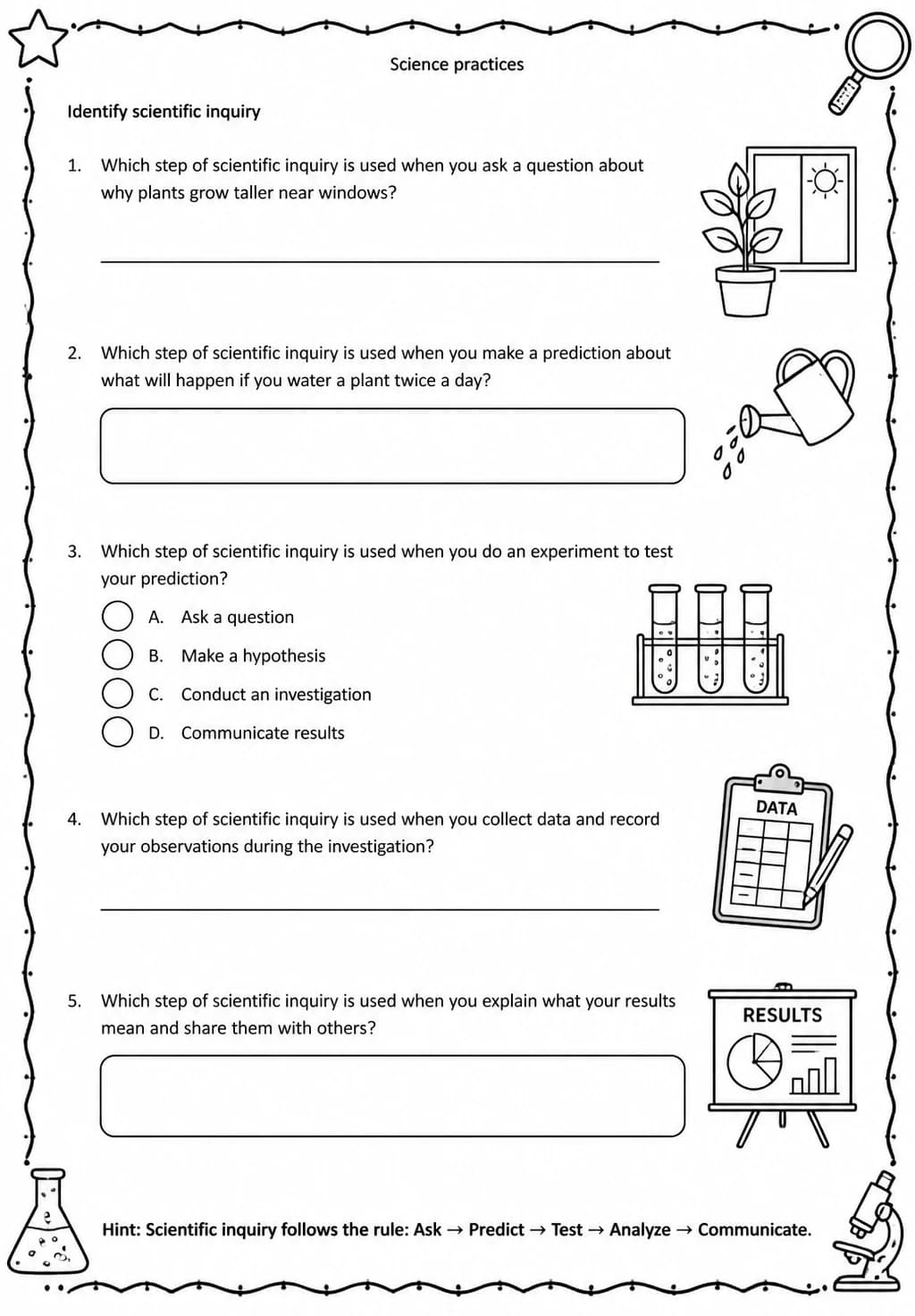 Identify scientific inquiry — free printable Middle School Science worksheet
