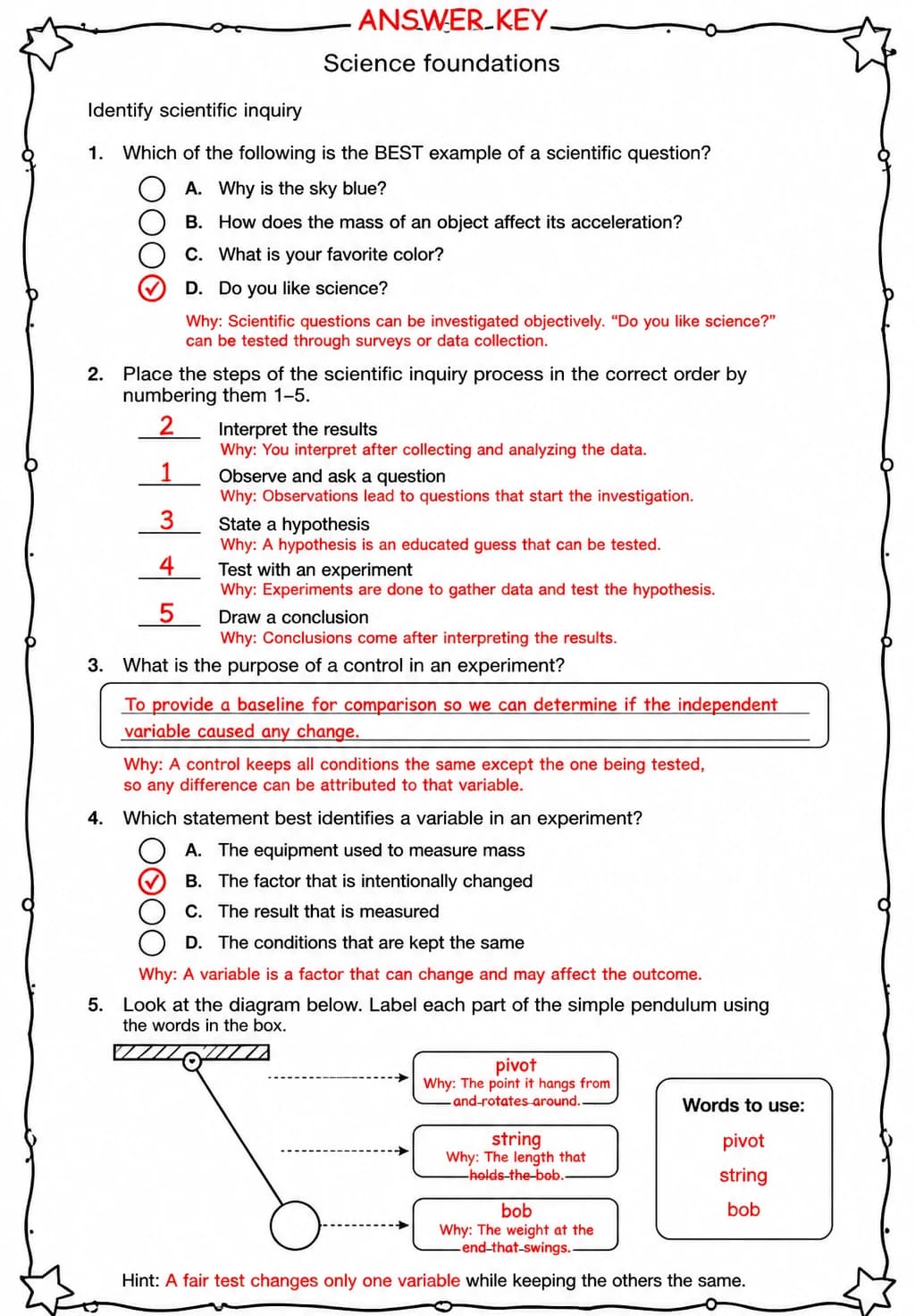 Answer key for Identify scientific inquiry — free printable Science worksheet